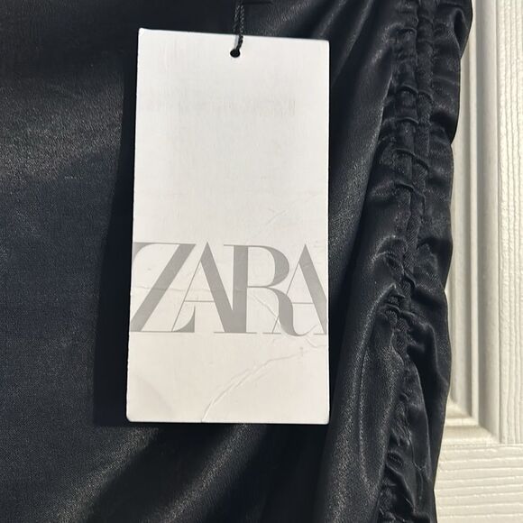 ZARA NWT X-Small Black Satin Ruched Bodycon Mini Skirt Drawstring Sexy Night Out - Picture 4 of 8